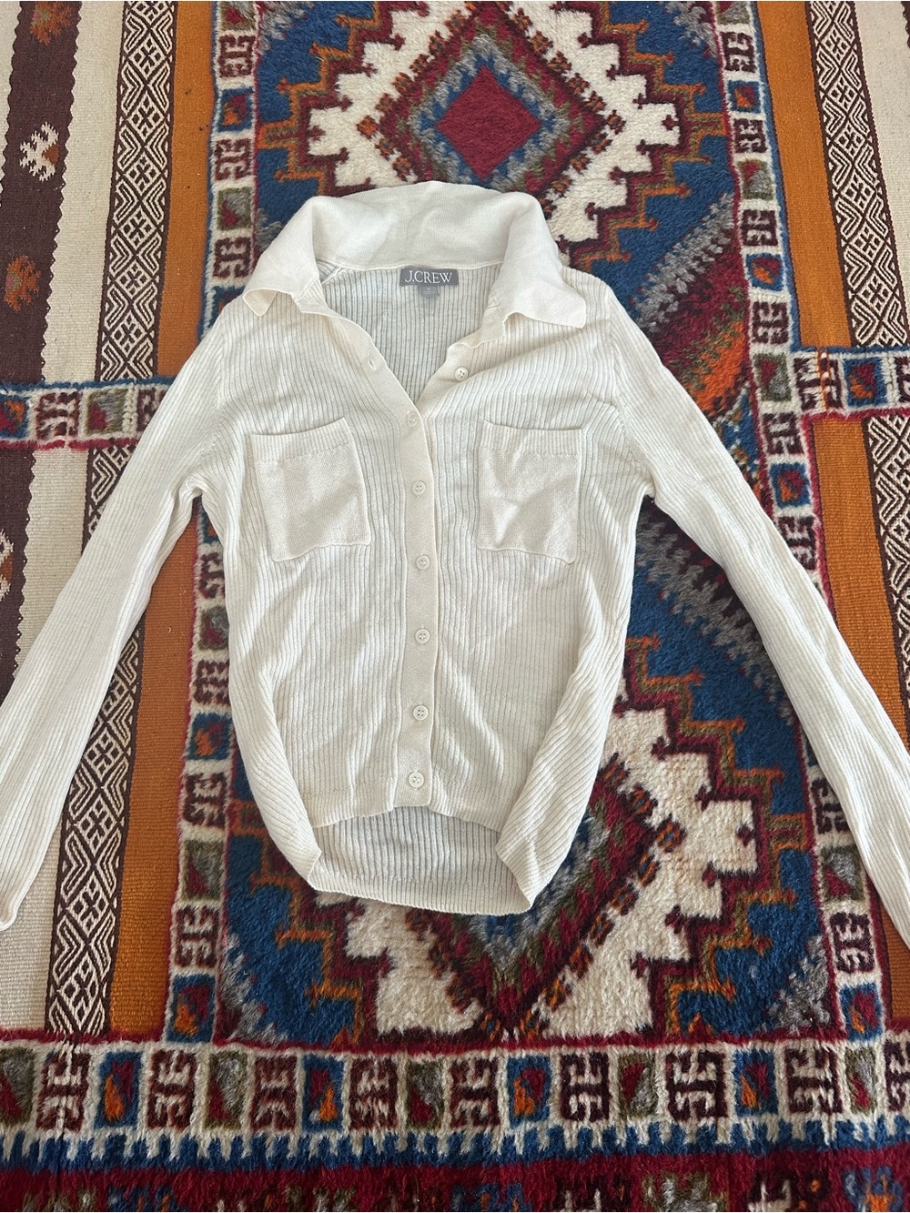 J. Crew Cream Ribbed Button-Front Cardigan - Picture 1 of 4